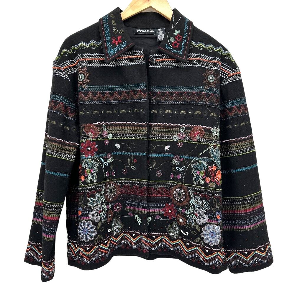 Vintage Frazzle Jacket Womens Medium Beaded Embroidered‎ Snap Up Black Wool Crop